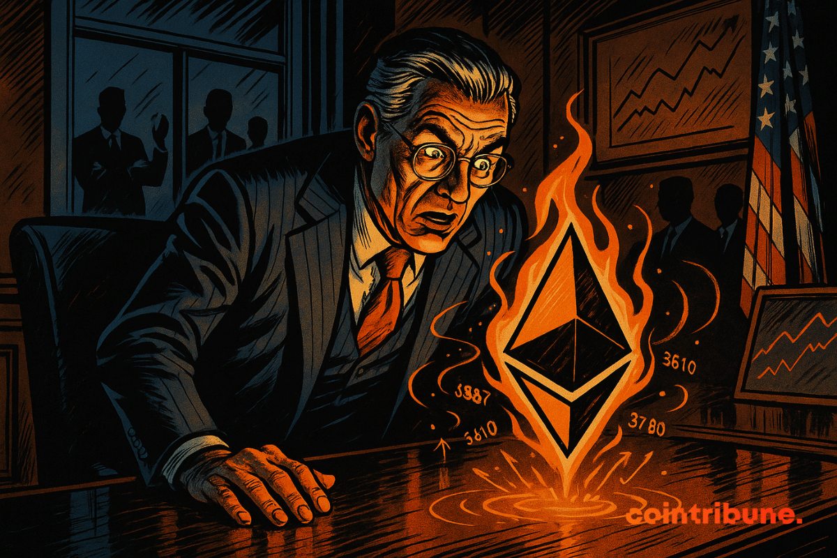 Um empresário mais velho em um escritório escuro olha com admiração para um logotipo brilhante do Ethereum envolto em chamas alaranjadas acima de sua mesa, cercado por números de preços crescentes e figuras obscuras.