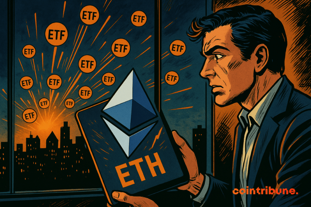 Čovjek gleda eTH kartu koja eksplodira iz ETF -a, s 