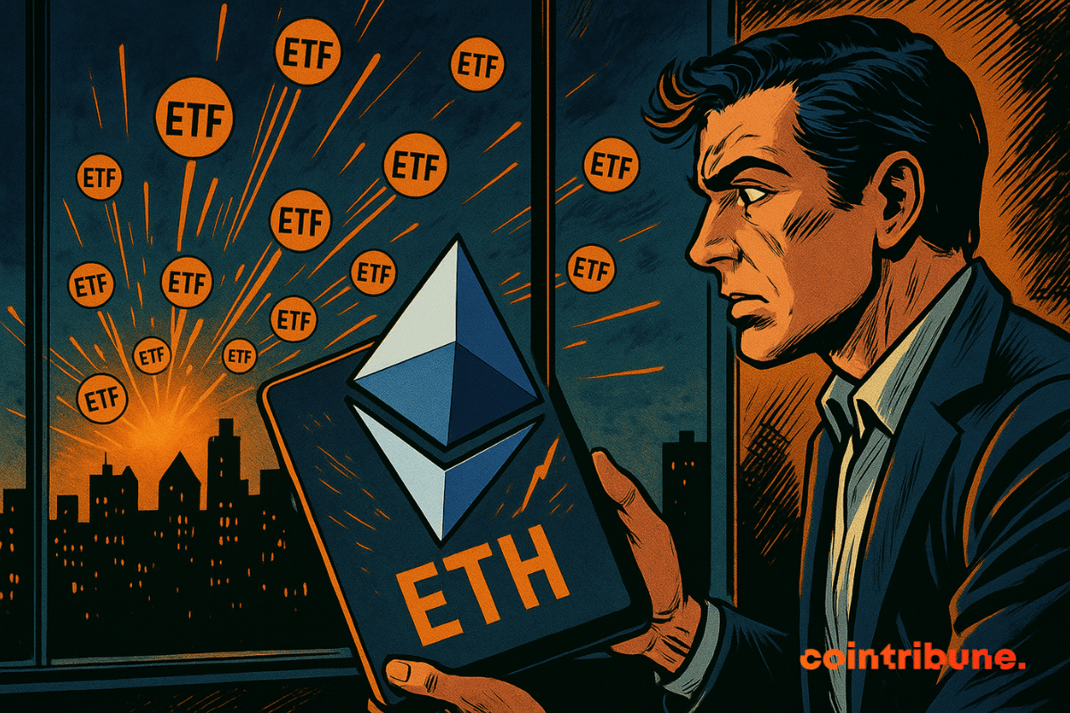 Un hombre observa un gráfico de ETH que explota a partir de ETF, con burbujas de "ETF" y una puesta de sol.