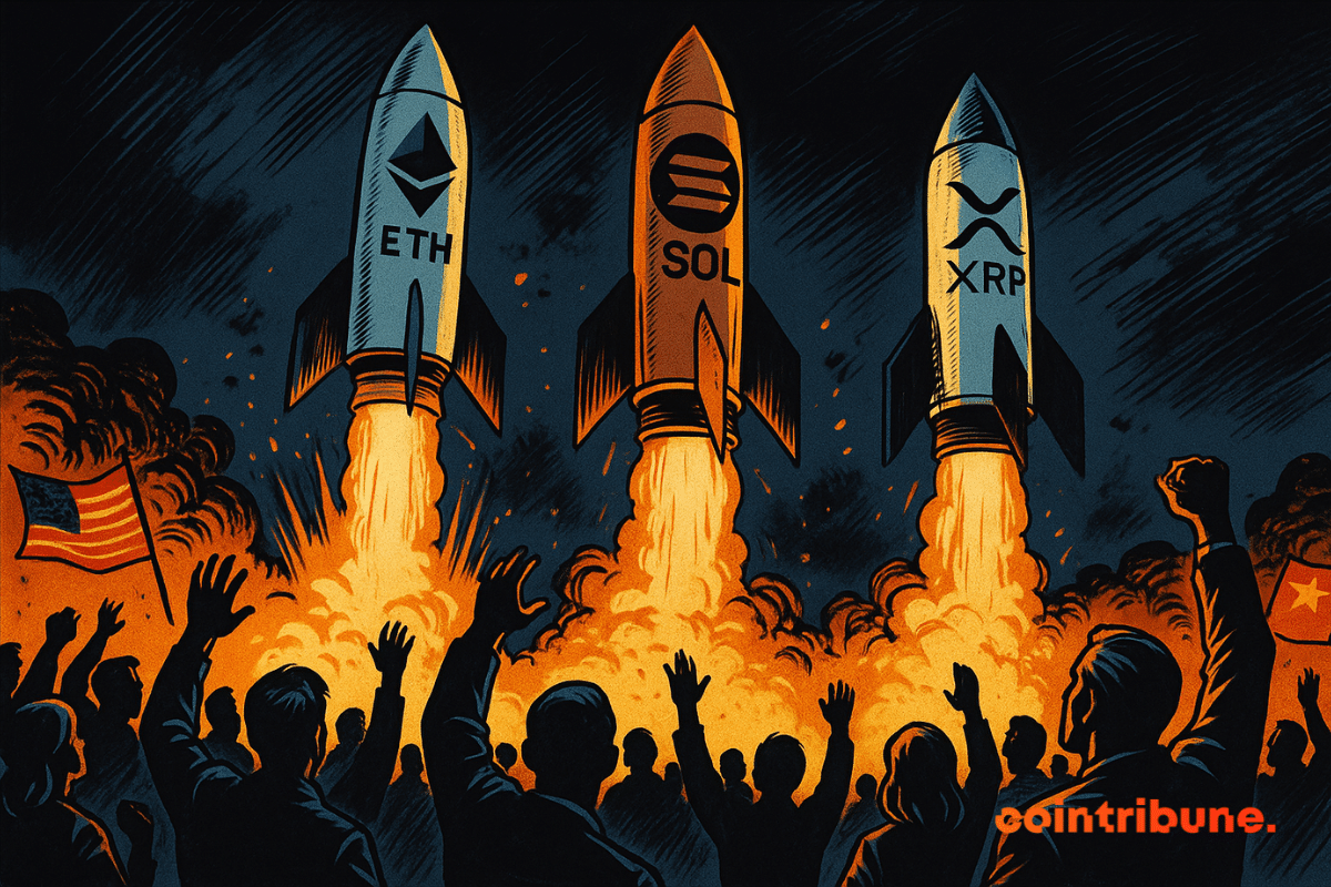 Trois fusées marquées ETH, SOL et XRP décollent, sous les acclamations d'une foule illuminée par des flammes orange.