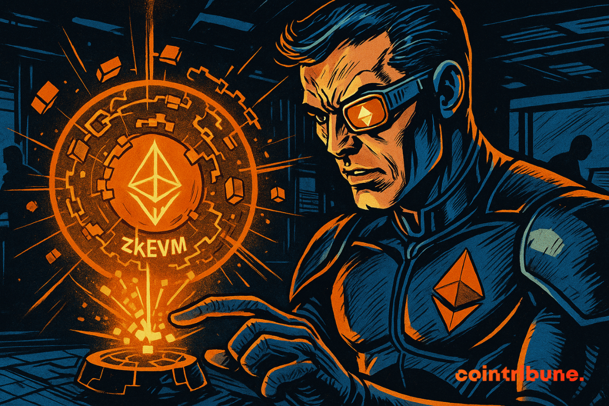 Cyborg futuriste active un hologramme zkEVM orange éclatant, symbolisant Ethereum, dans un laboratoire technologique sombre et intense.