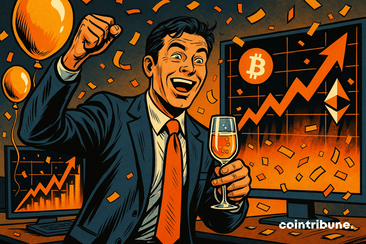 Un businessman jubilant, levant un verre, entouré de confettis et de ballons, tandis que Bitcoin et Ether explosent.