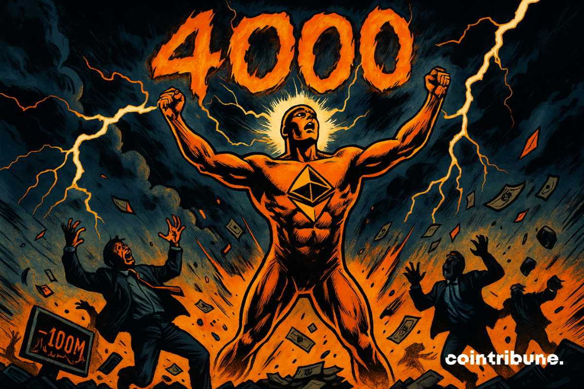 The Ethereum cryptocurrency is depicted in an anthropomorphic form, like a golden god or superhero, chest puffed out, arms raised in a V shape toward the sky, palms open in a dominant stance. The number “4000” in orange flames floats above him, half-melted into a lightning bolt, highlighting the symbolic peak reached. The Ethereum logo radiates light from his hands.