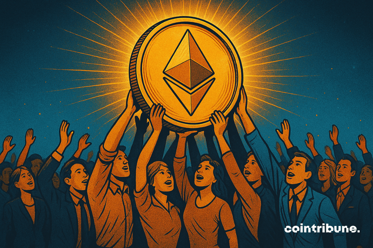Illustration of a group of people lifting a glowing Ethereum coin, symbolizing community-led efforts to strengthen the Ethereum network.