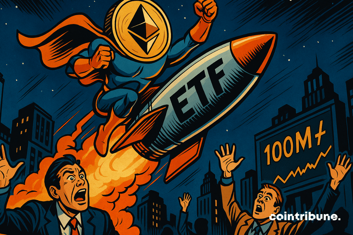 An Ethereum superhero riding a rocket labeled "ETF" above shocked traders