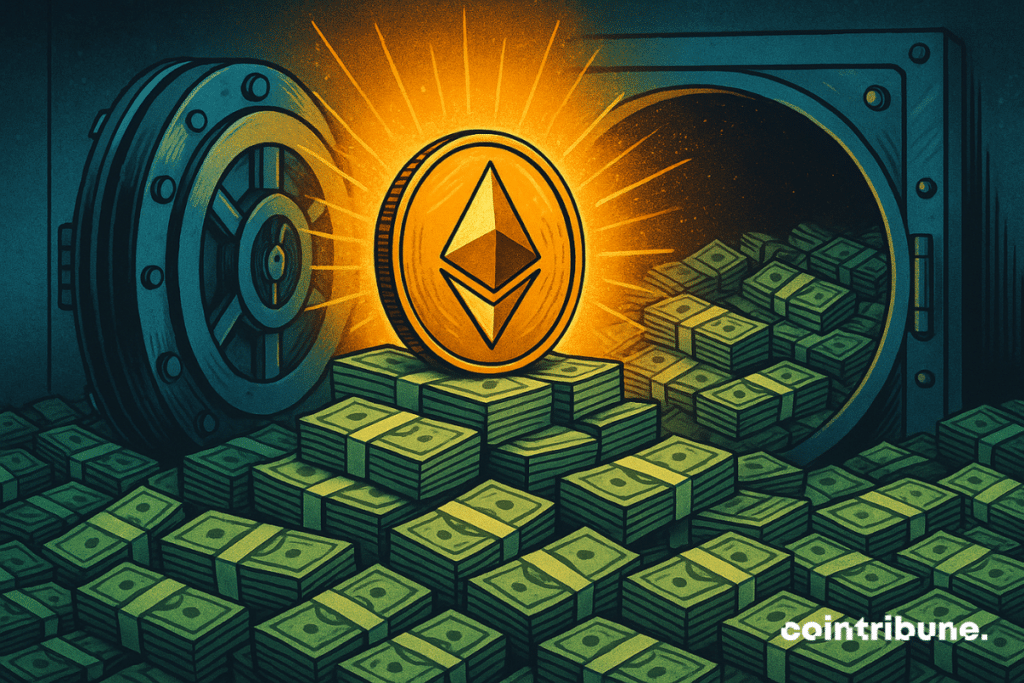 A glowing Ethereum coin rises from a pile of cash inside an open vault, symbolizing the financial growth and success of Ether ETFs.