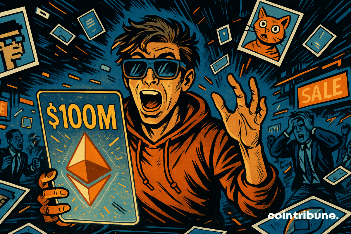 Homem de moletom reage às vendas de NFT de Ethereum de US$ 100 milhões em tablet digital.
