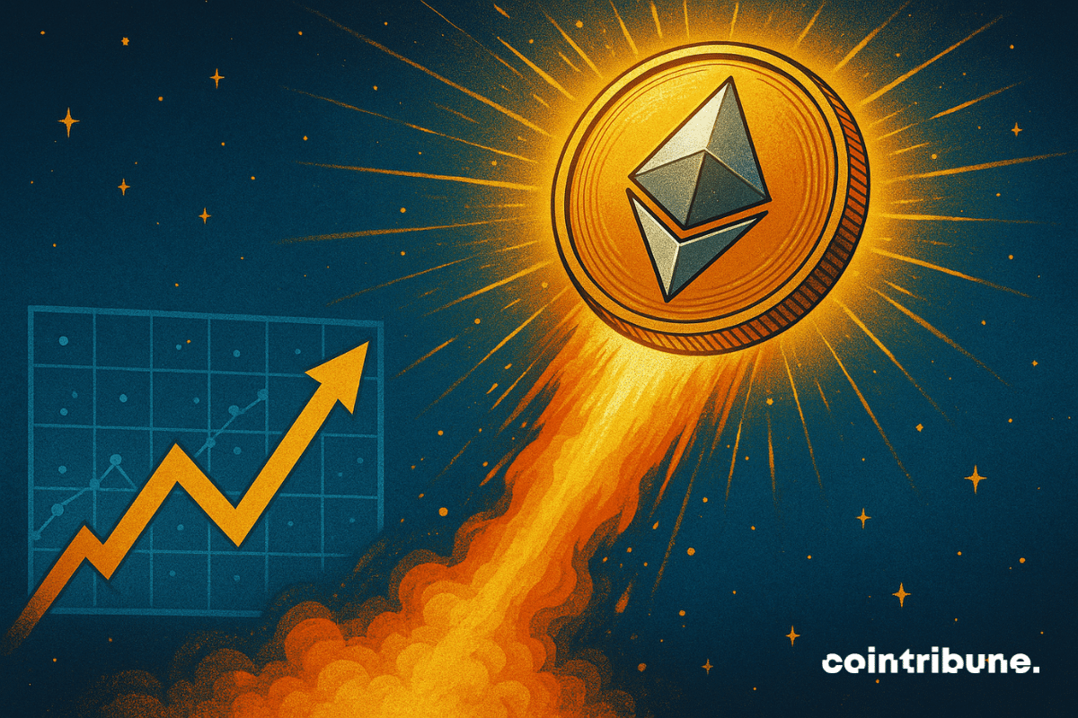 La pièce Ethereum s'envole vers le haut avec une traînée de fusée lumineuse, symbolisant un intérêt ouvert record et une dynamique haussière du marché.