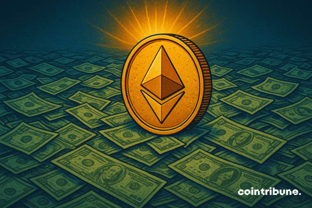 Illustration of a glowing Ethereum coin rising above a sea of dollar bills, symbolizing the surge in tokenized assets on the Ethereum blockchain.
