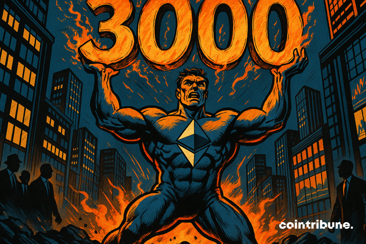 A powerful superhero figure with the Ethereum logo on his chest lifts a flaming "3000" above his head
