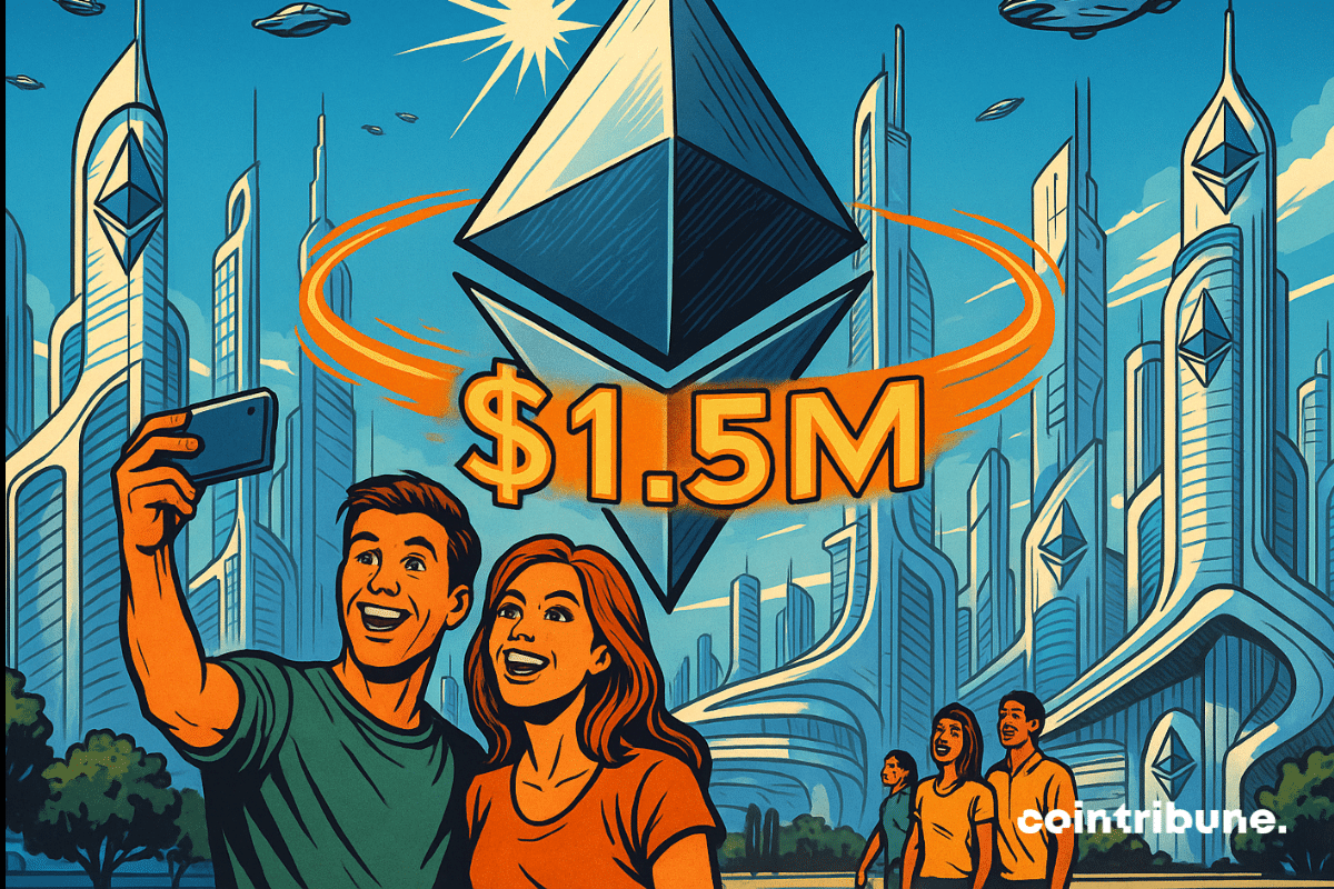 Tourists take selfies by a giant Ethereum statue with a glowing $1.5M ticker in a futuristic crypto city.