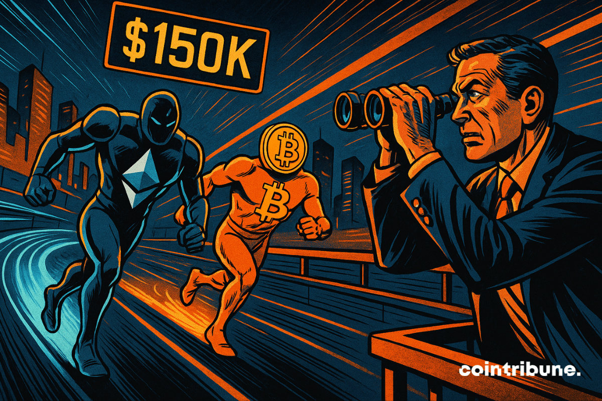 Ethereum dépasse Bitcoin sur une piste néon, « 150 000 $ » ci-dessus.