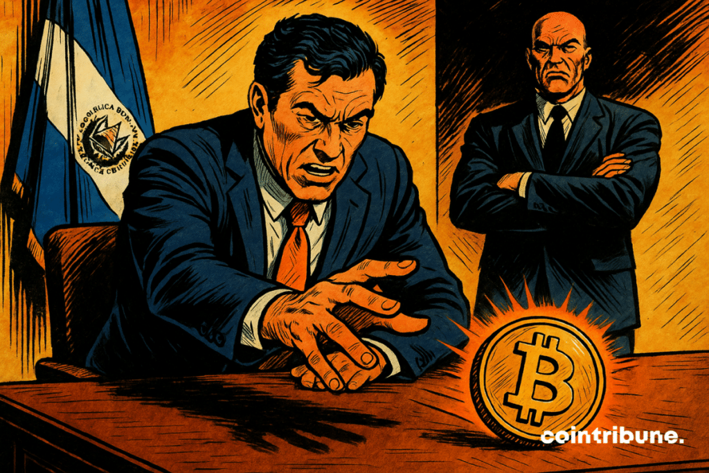 A Salvadoran politician in a suit throws a glowing Bitcoin onto a table