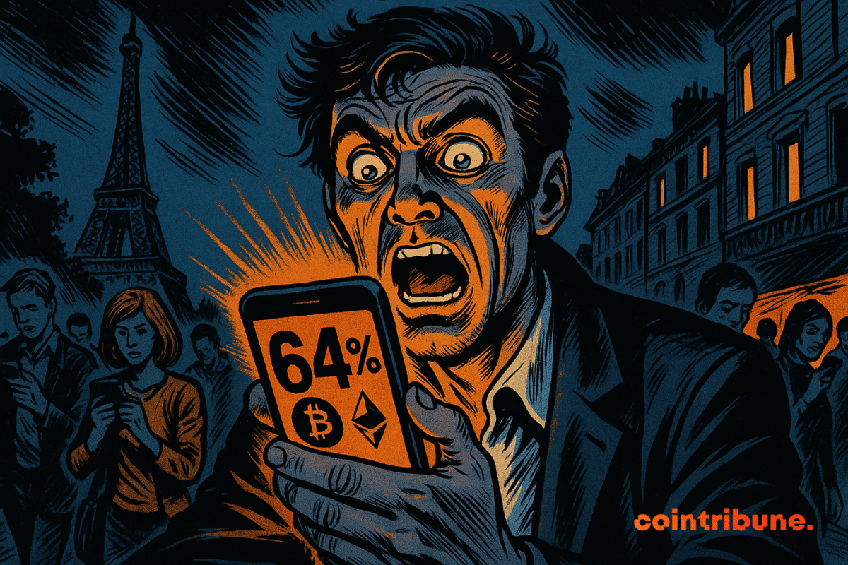 Shocked man looks at his smartphone displaying "64%", surrounded by mesmerized passersby, with the Eiffel Tower in the night background.