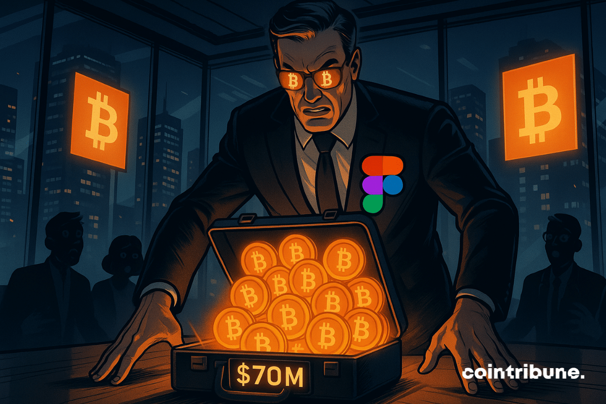 Figma abre uma maleta de Bitcoins na sala de reuniões.