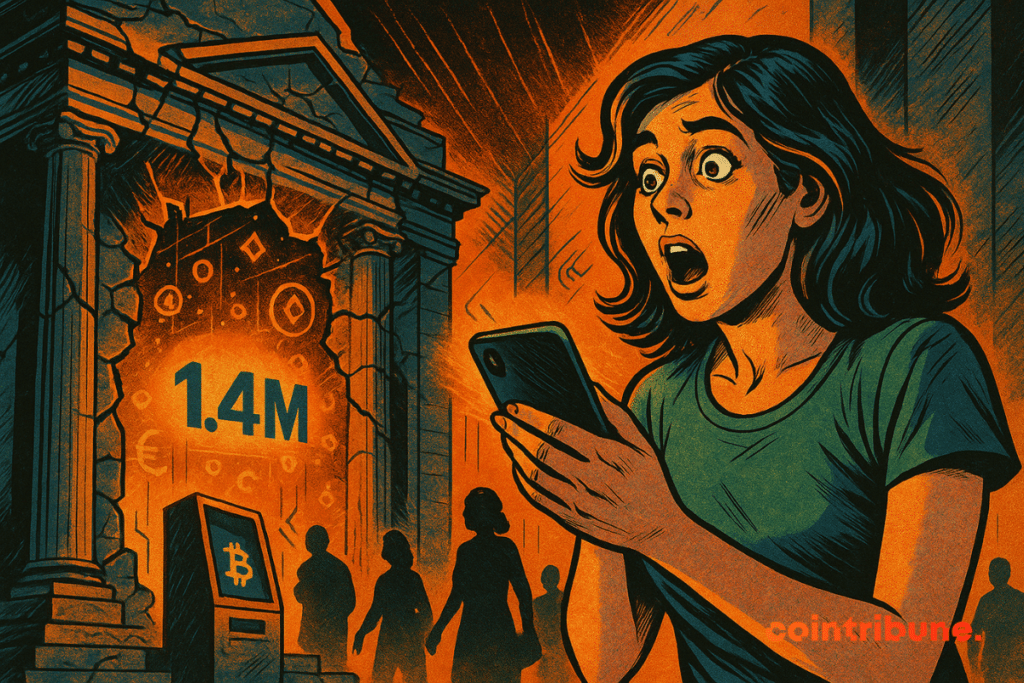 Une cliente surprise devant une banque s’ouvrant vers l’univers crypto, symbolisant Fortuneo et ses 1,4 million de clients accédant aux investissements en cryptomonnaies.
