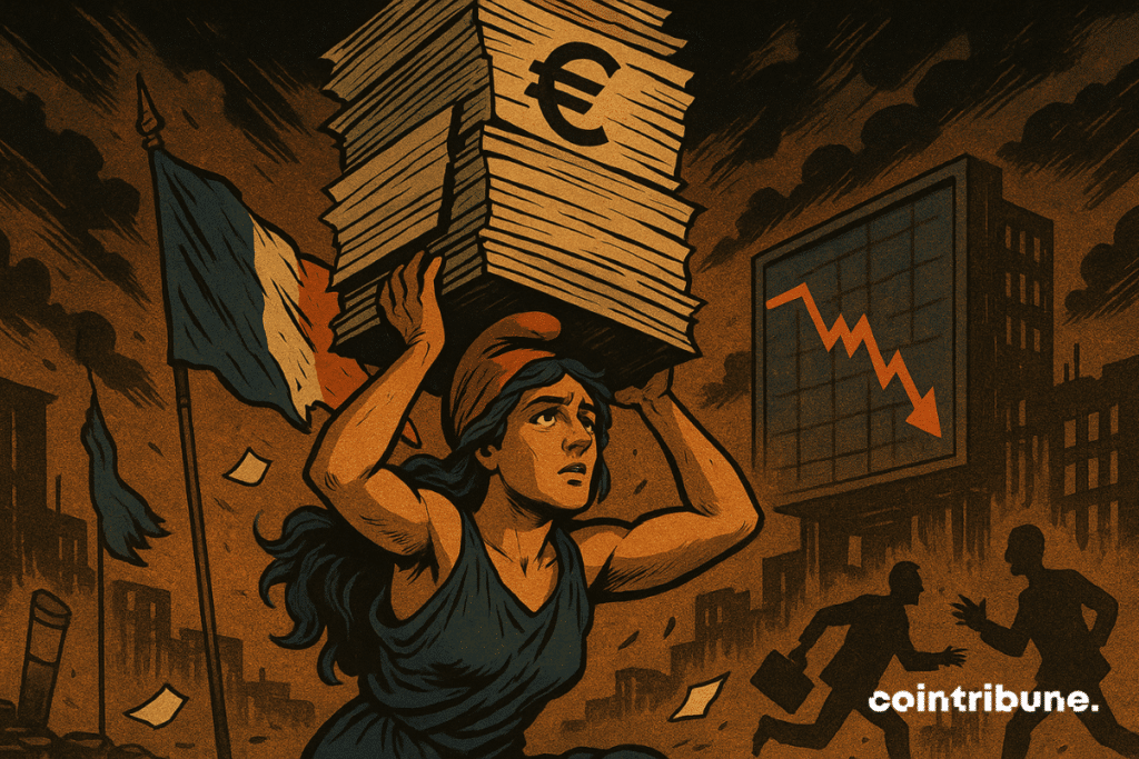 Marianne, the symbolic figure of France, is portrayed as a strong woman with a determined yet exhausted expression. She is kneeling, her arms trembling under a mountain of files and papers, symbolizing the burden of public debt.