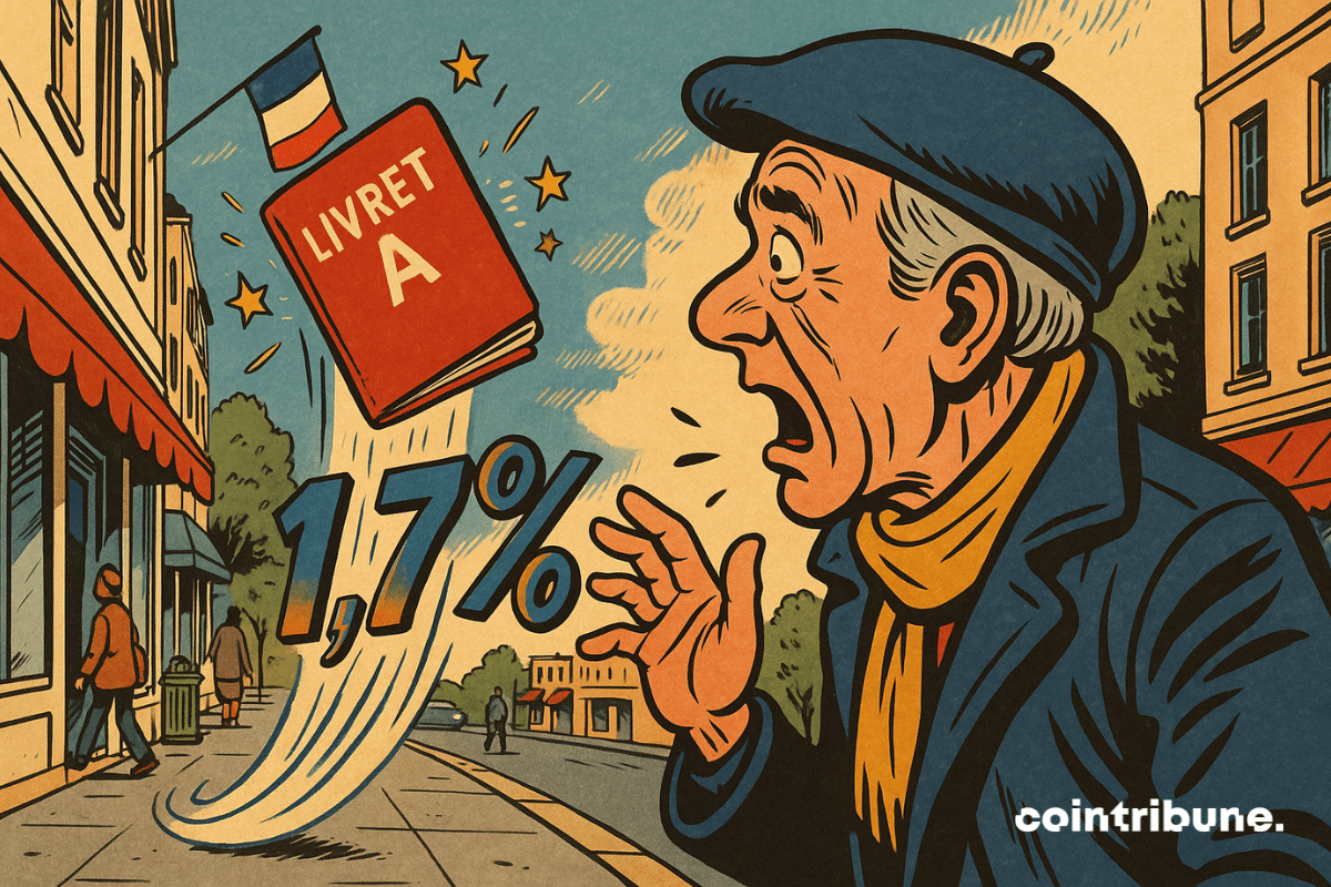 Um caderninho vermelho do Livret A cai em espiral em direção ao chão, arrastando um “1,7%” flutuante atrás, simbolizando a queda da taxa na França. Um aposentado de boina observa a cena de boca aberta.