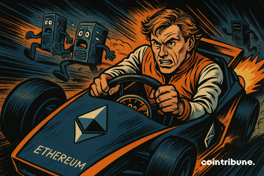 Buterin sai em alta velocidade em um carro futurista da Ethereum, perseguido por servidores antropomórficos em pânico, em uma cena explosiva e dinâmica.