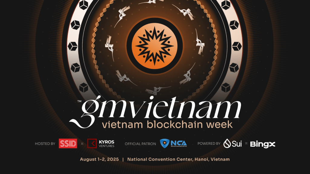 Promotional poster for GM Vietnam 2025 with a circular digital sun symbol, traditional Vietnamese dancers, and blockchain-themed graphics.