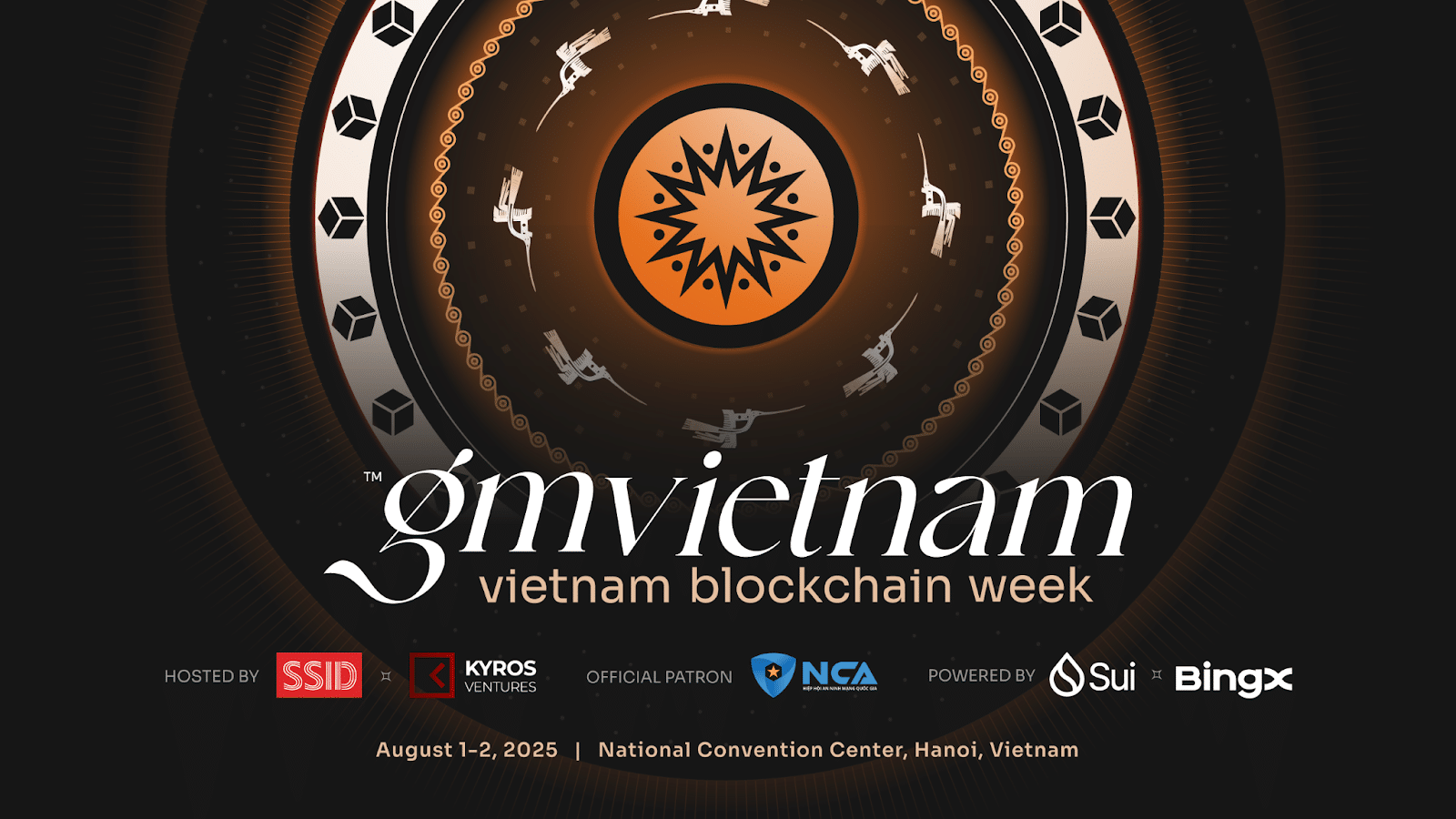 Promotional poster for GM Vietnam 2025 with a circular digital sun symbol, traditional Vietnamese dancers, and blockchain-themed graphics.