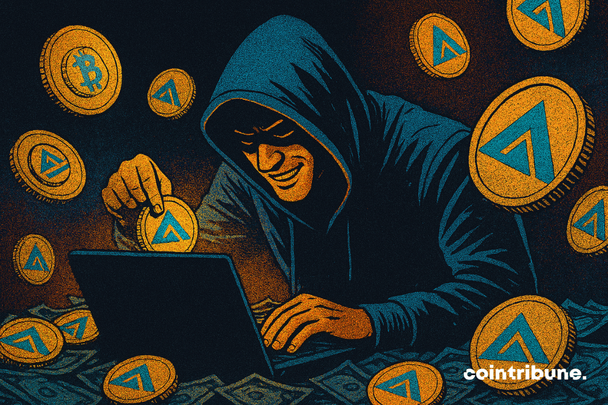 Ilustração de um hacker de moletom interagindo com um laptop, cercado por moedas flutuantes de Arbitrum e Bitcoin, simbolizando o exploit GMX e o roubo de criptomoedas.