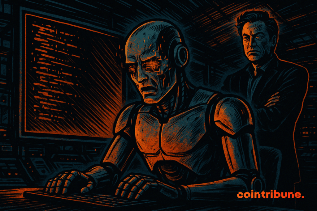 A glitchy robot types on a keyboard, under the worried gaze of a man, in a futuristic red control room.