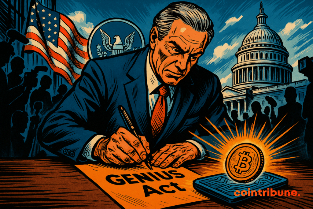 Un politicien signe solennellement le *Genius Act*, sous les projecteurs de Washington, tandis qu’un symbole crypto brillant émerge d’un portefeuille numérique.