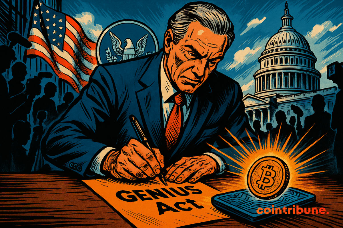 Um político assina formalmente o *Genius Act* sob os holofotes de Washington, enquanto um símbolo de criptomoeda brilhante emerge de uma carteira digital.