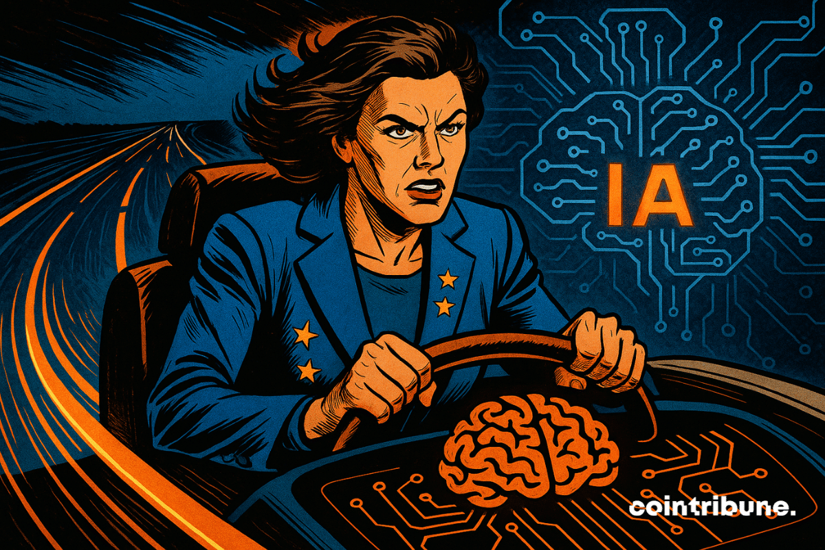 The European Union, personified, drives determinedly along a digital road, holding a steering wheel shaped like an AI brain.
