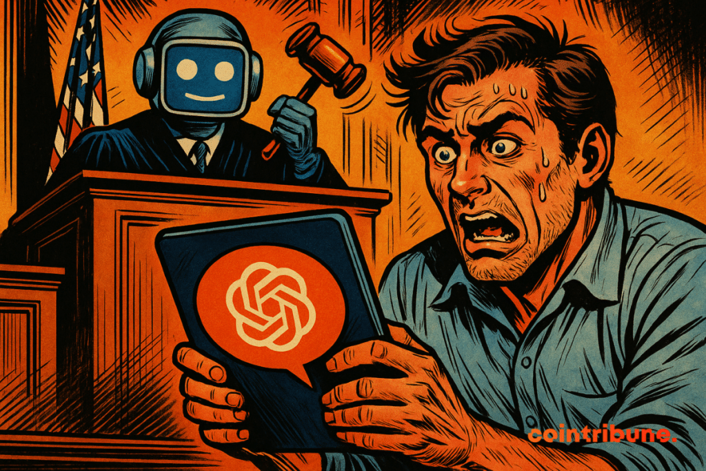 Homem em pânico segurando um tablet exibindo o logotipo do ChatGPT, de frente para um juiz robô em um tribunal.