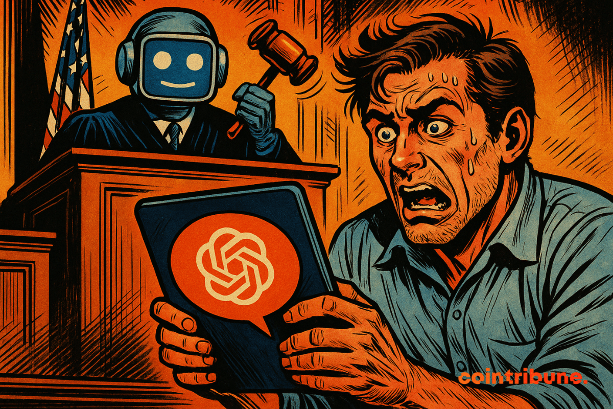 Panicked man holding a tablet displaying the ChatGPT logo, facing a robot judge in a courtroom.