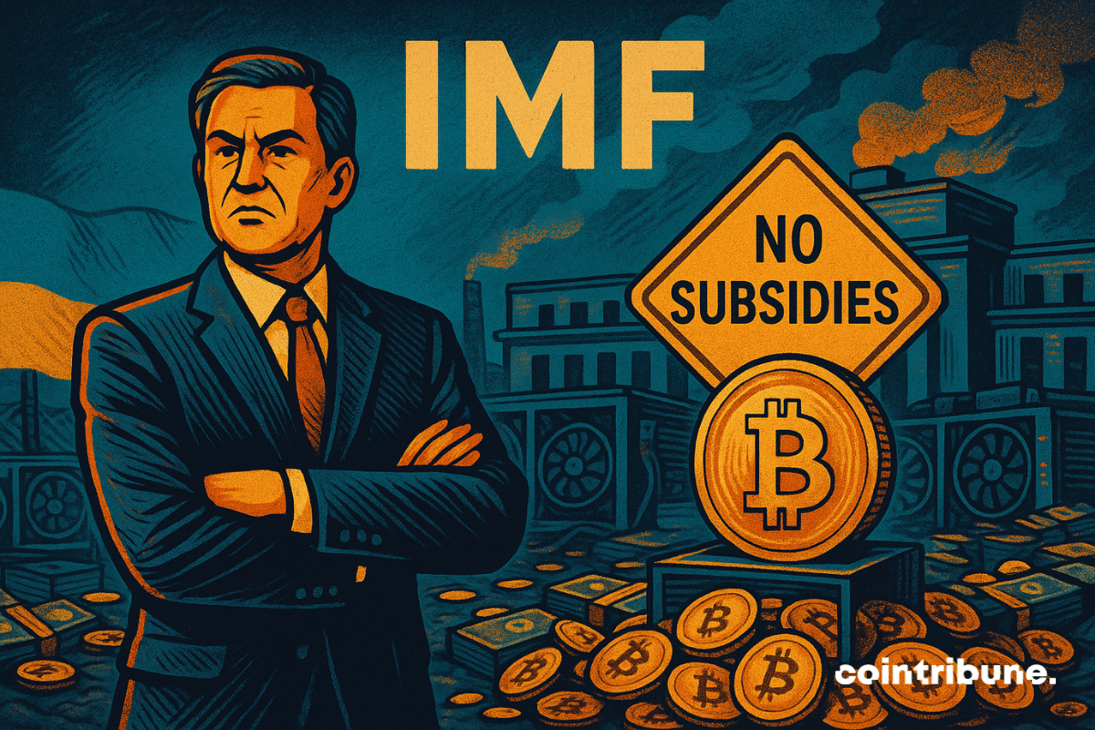 Illustration of a stern IMF official standing beside a Bitcoin mining facility and a sign that reads “No Subsidies,” symbolizing IMF opposition to subsidized crypto mining.