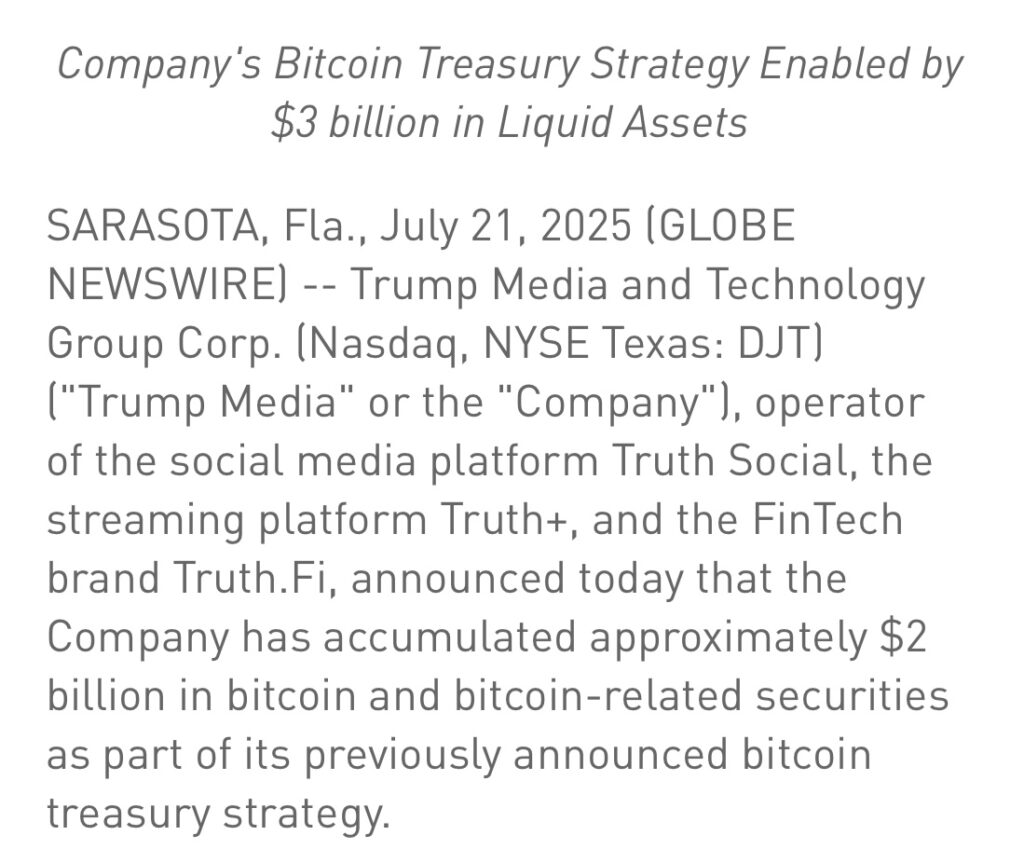 Trump Media & Technology Group (DJT) a révélé avoir investi environ 2 milliards de dollars en bitcoin.