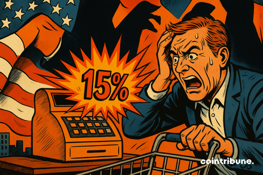 A shocked man in a blue suit pushing a supermarket trolley