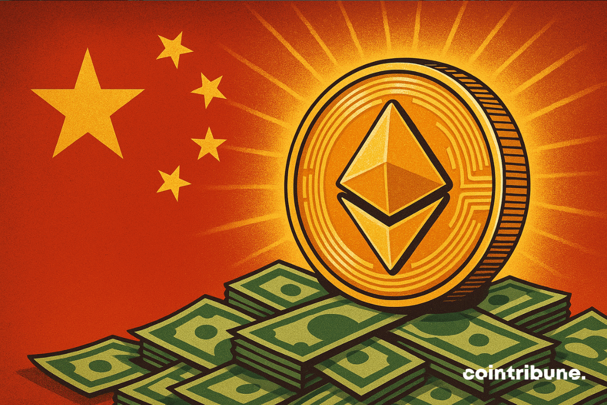 Ilustración de una moneda grande que brilla sobre el fondo de la bandera china, con pilas de billetes de dólares estadounidenses en su base, lo que simboliza la creciente participación de China en los activos digitales y el desarrollo de monedas estables.