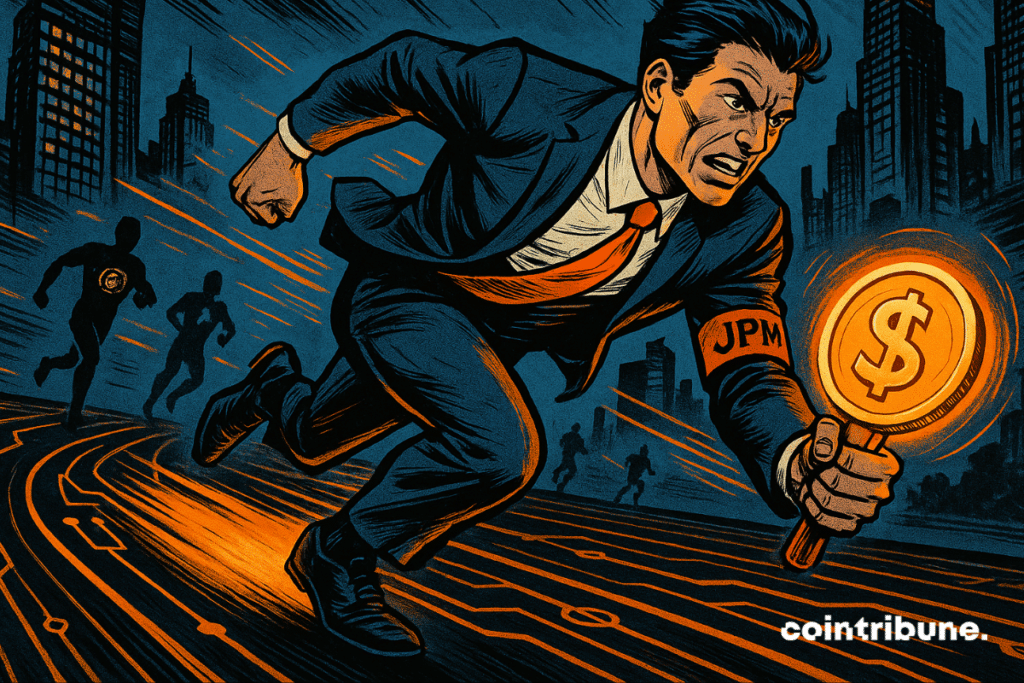 Image of a businessman labelled "JPM" sprinting on a digital track while holding a glowing stablecoin baton.