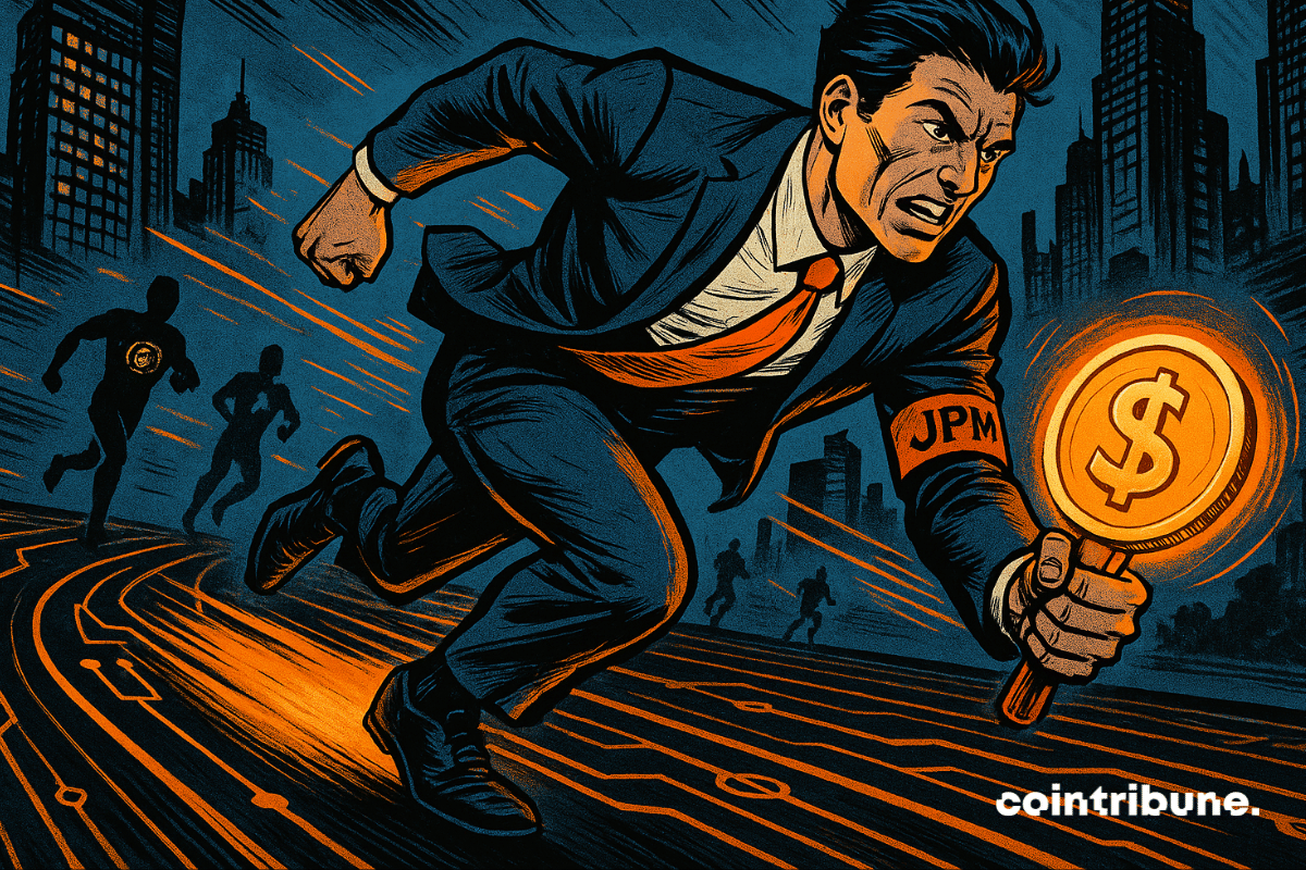 Image d'un homme d'affaires étiqueté « JPM » sprintant sur une piste numérique tout en tenant un bâton de stablecoin lumineux.