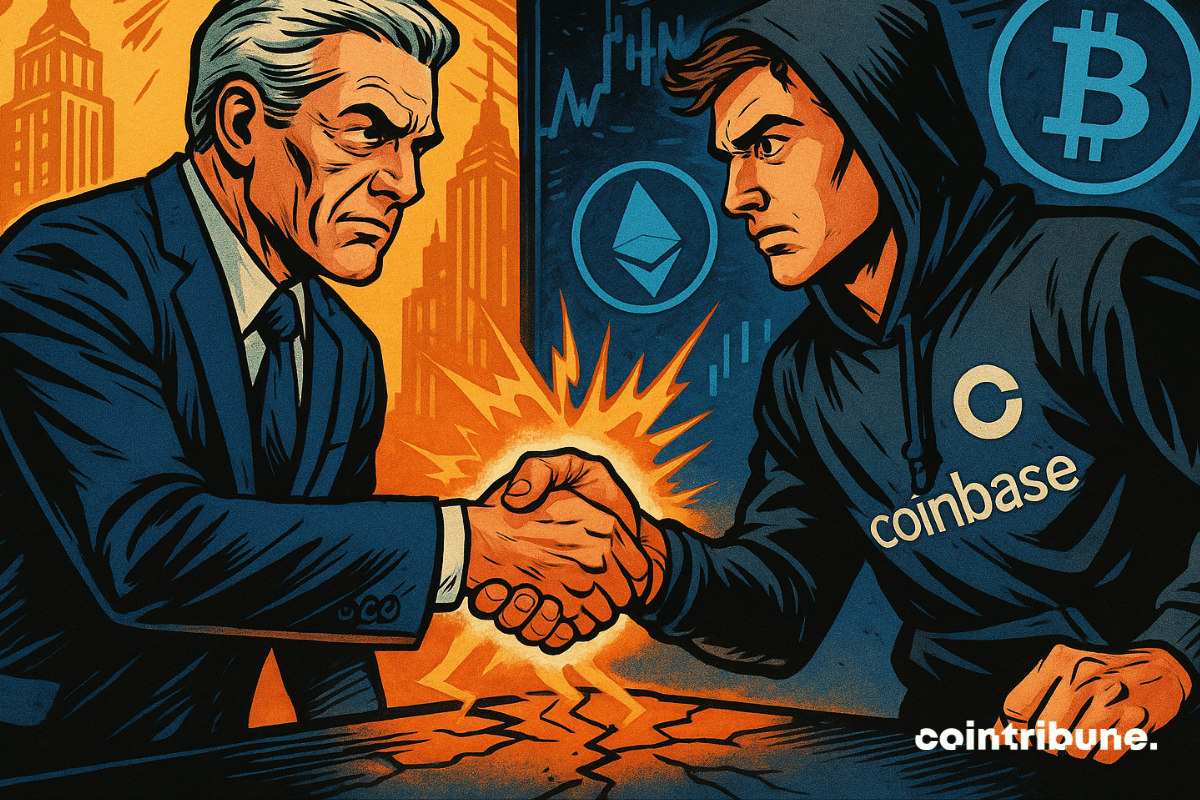 JPMorgan executive shakes hands with Coinbase rep.