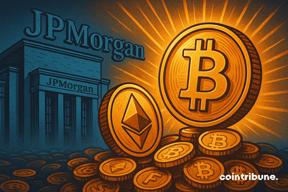 Ilustración del edificio del banco JPMorgan detrás de grandes monedas brillantes de Bitcoin y Ethereum, que simbolizan los préstamos respaldados por criptomonedas.