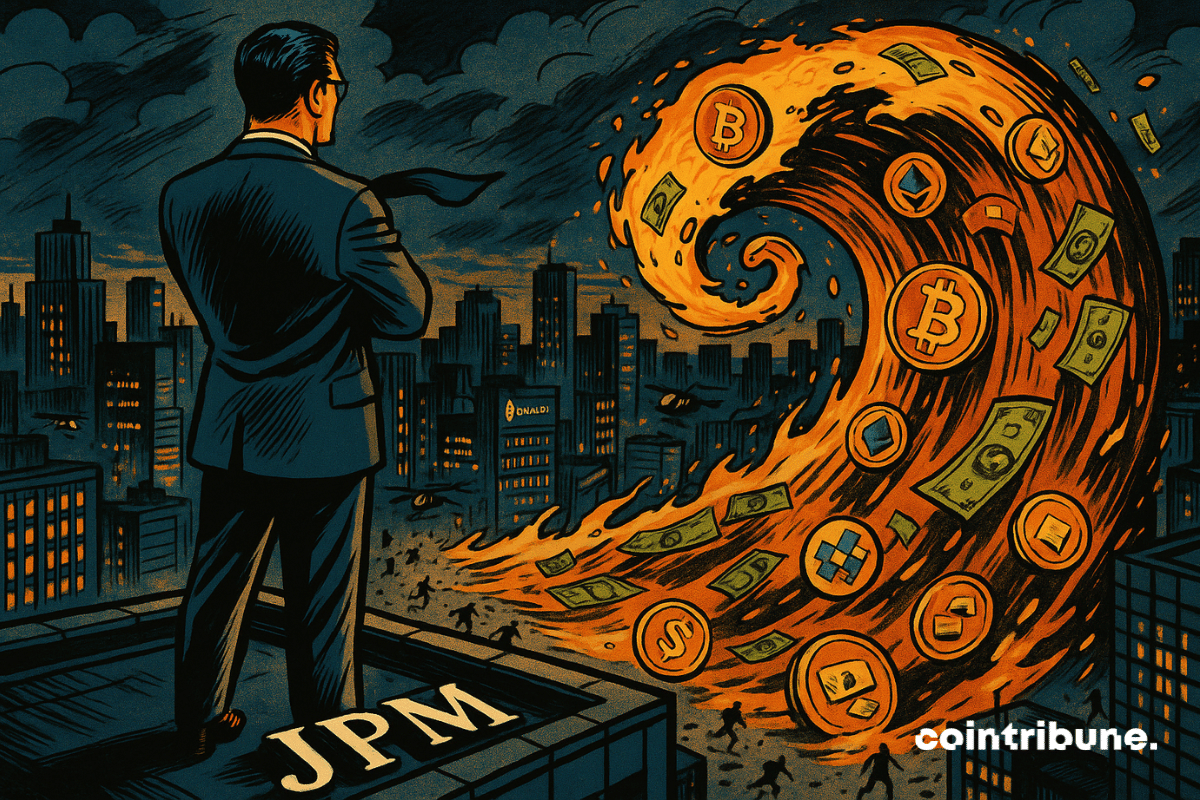 A JPMorgan banker atop a skyscraper watches a giant wave of crypto (stylized ₿ tokens, banknotes, pixelated NFTs) rising from the city like a tsunami ready to engulf everything.