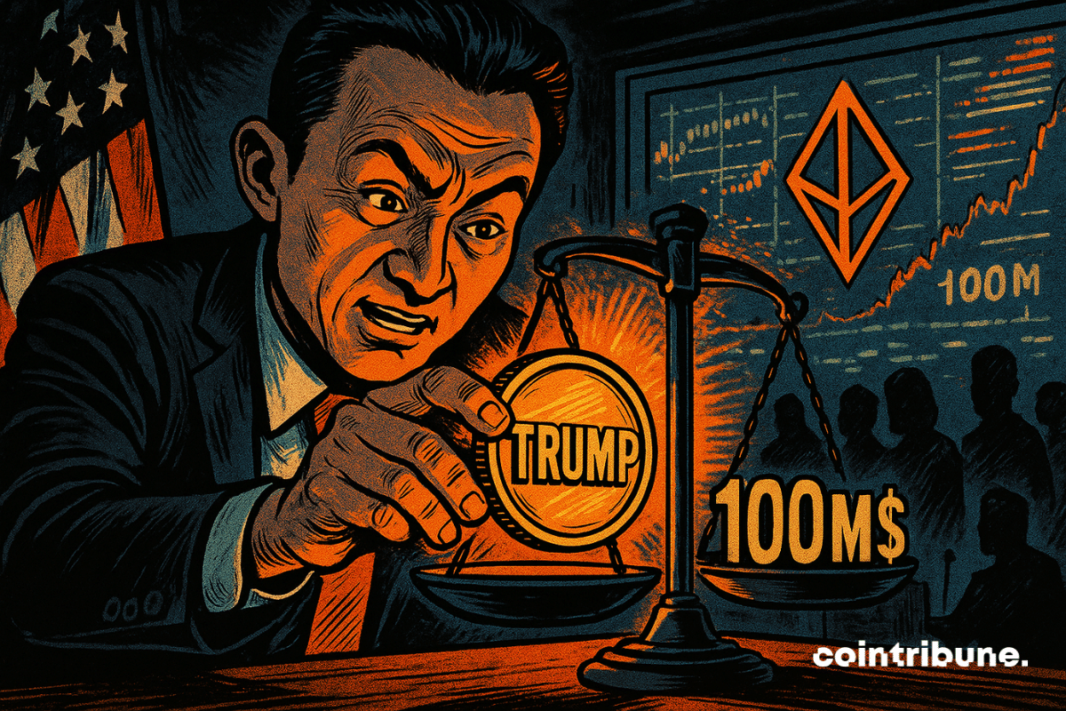 Un homme tend un jeton crypto "TRUMP" lumineux vers une balance où l’autre plateau affiche "100M$", sur fond de graphique boursier et drapeau américain.