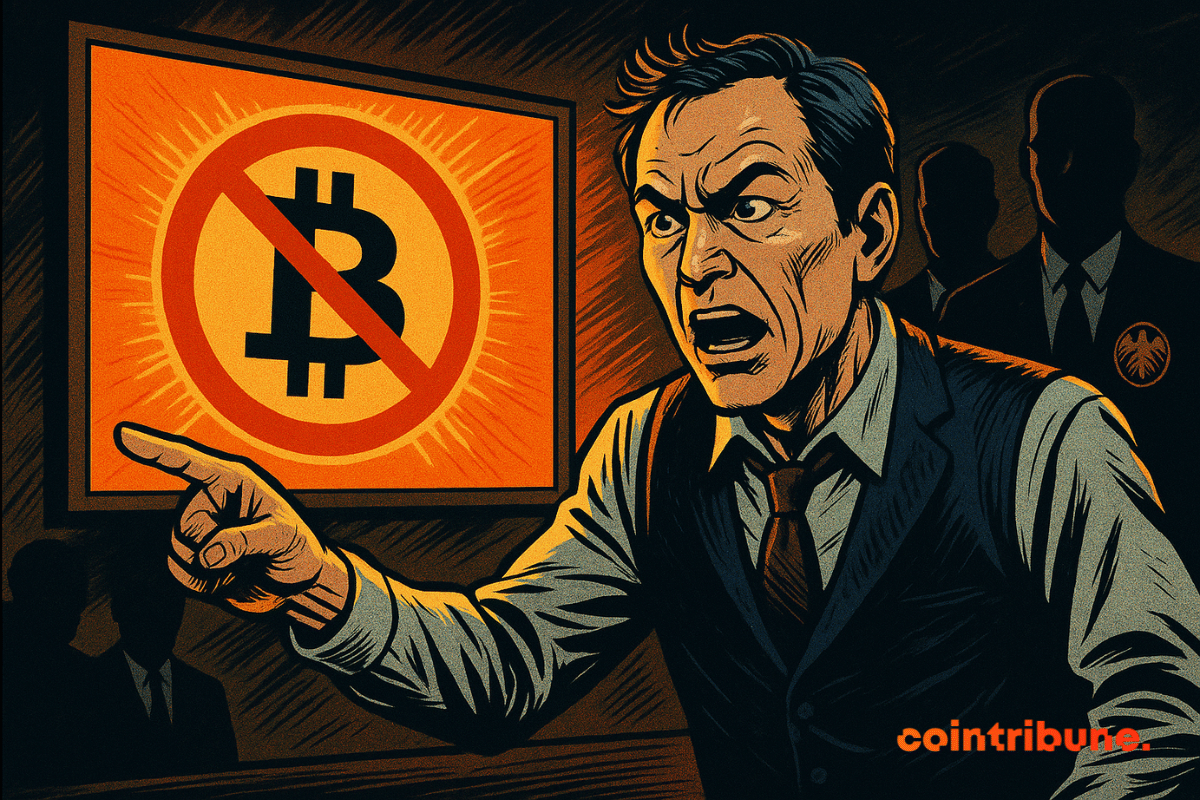 Une illustration de style bande dessinée montre un homme en costume pointant du doigt un écran lumineux avec un logo Bitcoin barré, tandis que des agents gouvernementaux dans l'ombre se tiennent derrière lui.