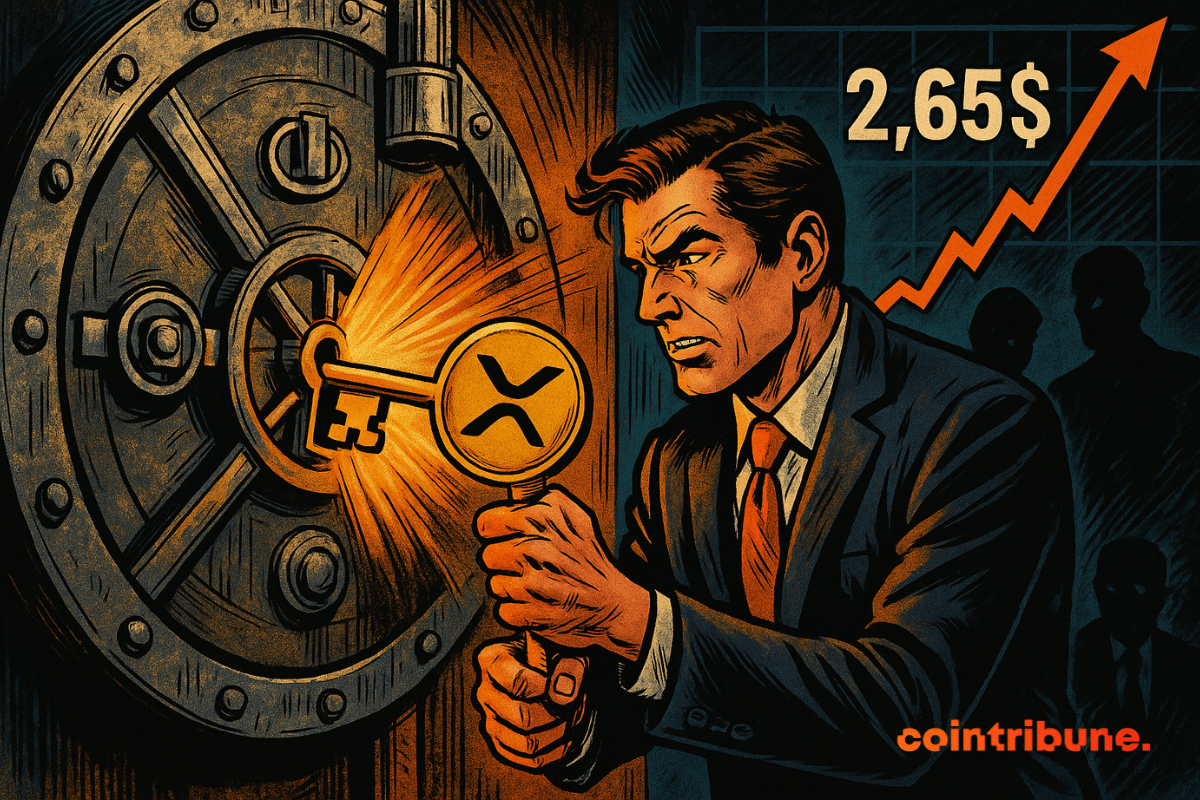 Um homem de terno insere uma chave XRP em um cofre, com um gráfico de preços subindo para US$ 2,65.