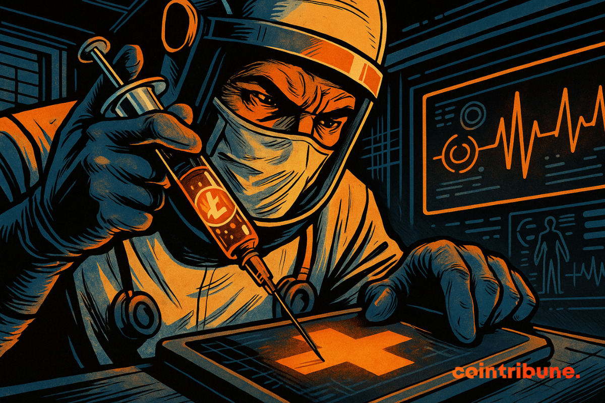 Médecin futuriste injecte Litecoin dans une tablette médicale, ambiance high-tech, couleurs orange et noir, regard intense, atmosphère mystérieuse.