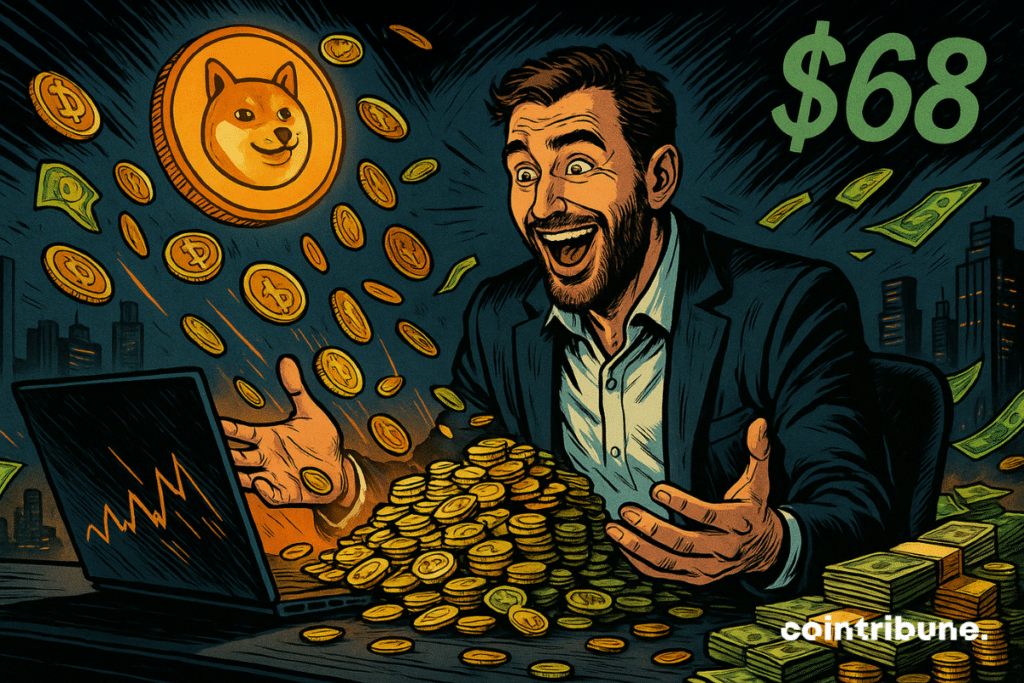 Un hombre feliz, rodeado de memecoins, billetes y gráficos financieros, sonríe frente a un ordenador, símbolo de los planes para hacerse rico rápidamente.