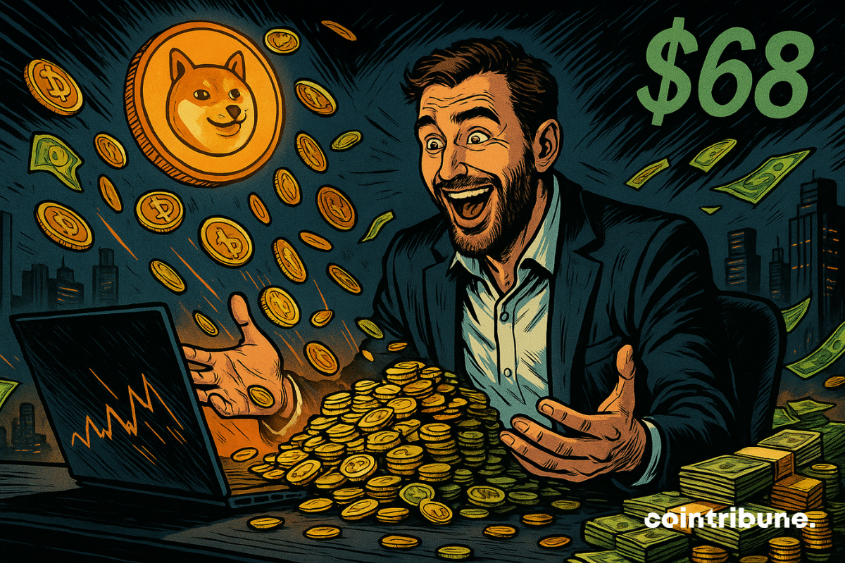 Un homme heureux, entouré de memecoins, billets et graphiques financiers, sourit devant un ordinateur, symbolisant la richesse rapide.