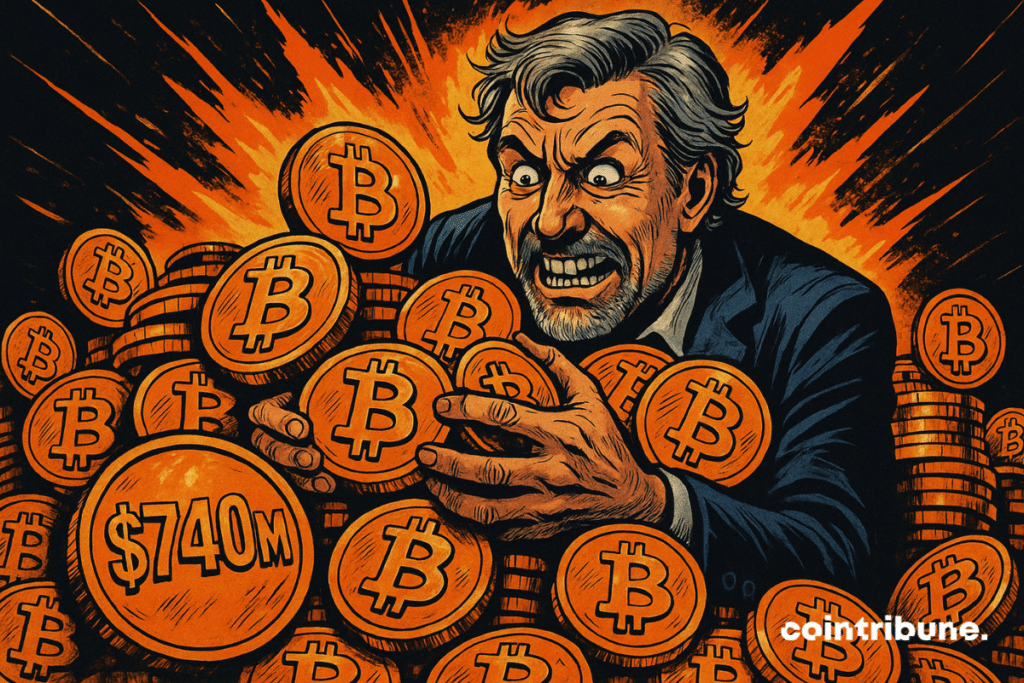 Un Michael Saylor frenético aferra un montón de bitcoins. Una explosión naranja detrás. Monedas marcadas con "0M". Estilo cómic de los años 70.