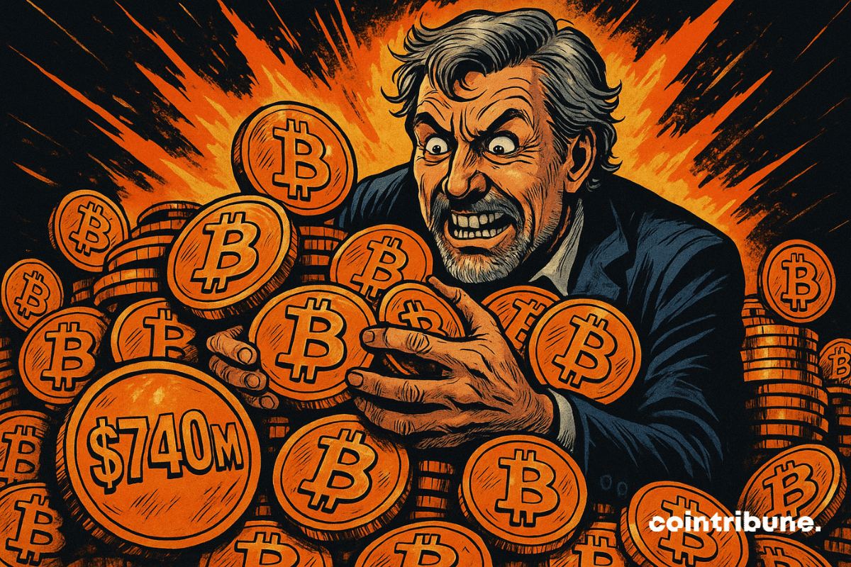 Michael Saylor, frénétique, agrippe des bitcoins empilés. Explosion orange derrière. Pièces marquées "0M". Style comics années 70.