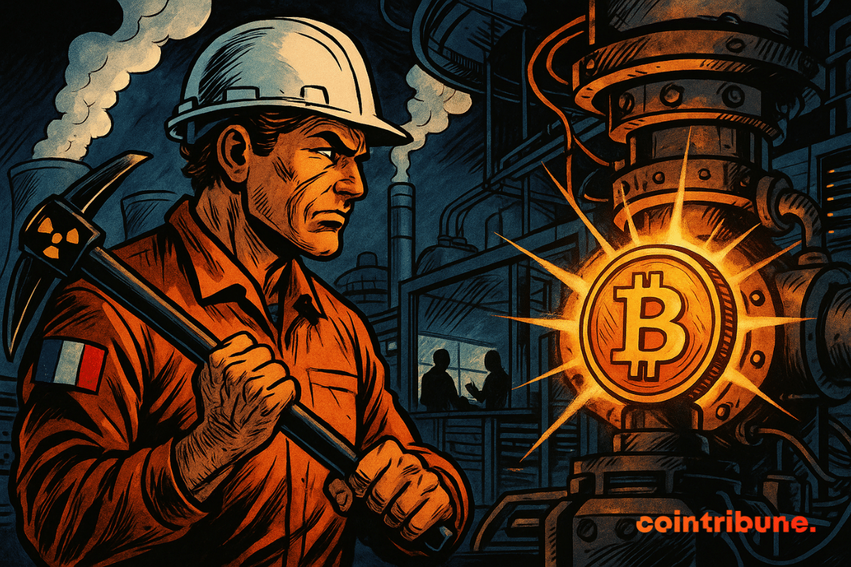 Un ingeniero francés sostiene un pico frente a una máquina nuclear que ilumina un Bitcoin, en una planta industrial oscura e intensa.